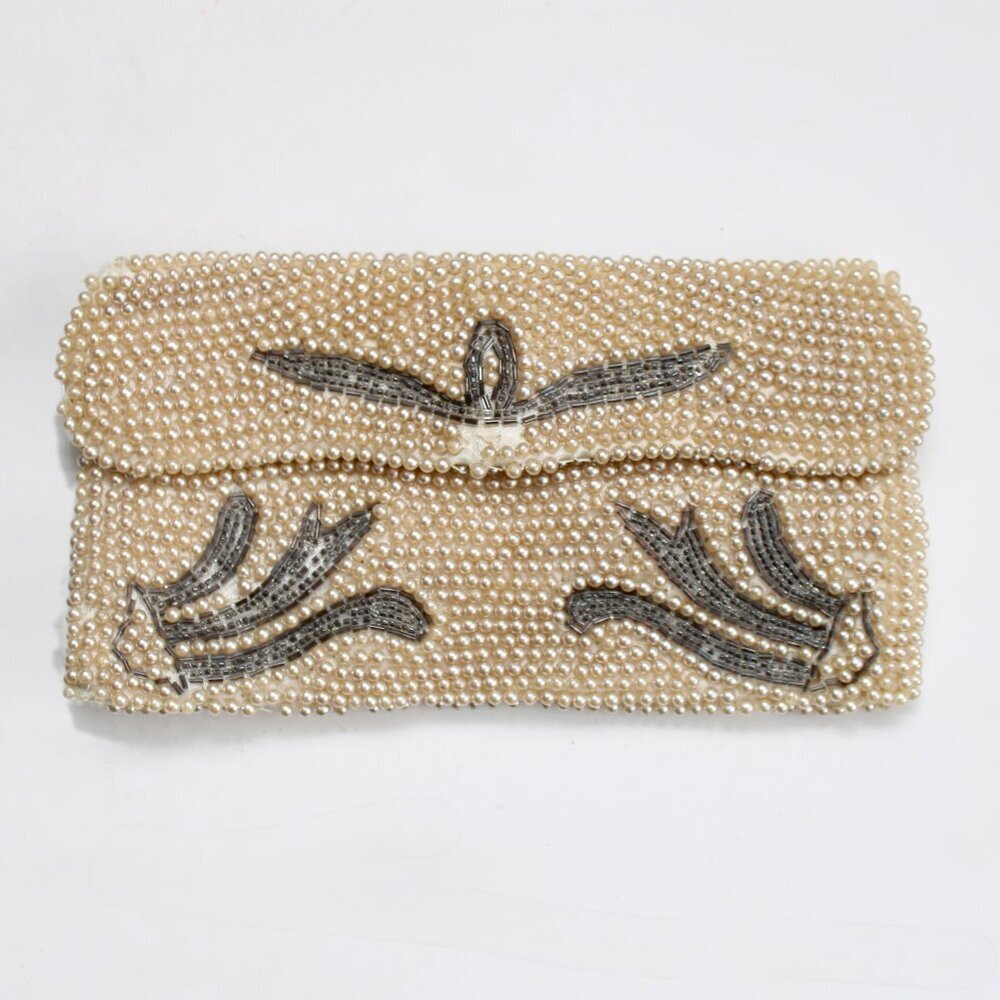 Vintage 40’s 50’s Beaded Cream & Silver Cocktail Clutch Evening Formal Party Bag